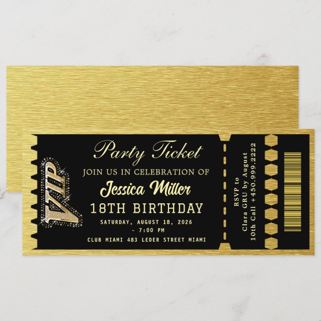 Invitation Billet de la soirée Noir & Or (Devant / Derrière)