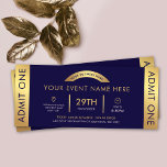Invitation Billet de manifestation Navy & Gold Admettre Un Lo<br><div class="desc">Créez des billets d'événement élégants pour votre entreprise ou événement privé en utilisant ce modèle de billet Admit One dans les tons bleu marine et or. Caractérisé par des effets de faux foil doré, une mise en page professionnelle avec un espace pour le nom de votre événement, la date, l'adresse,...</div>