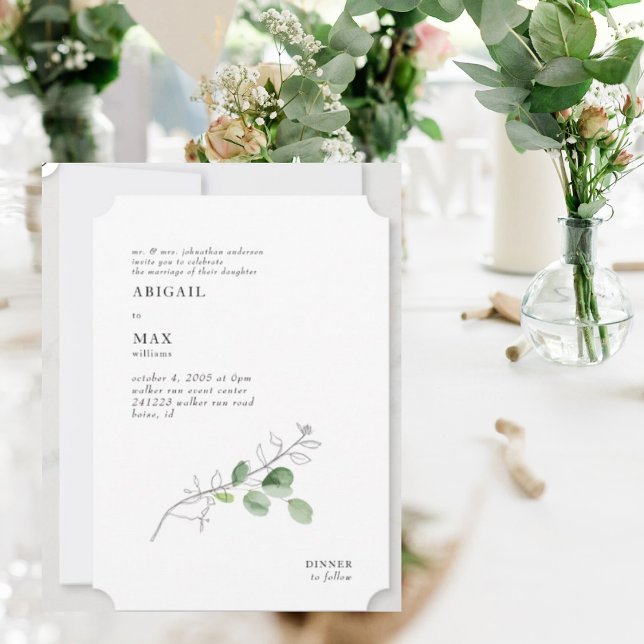 Invitation Billet de mariage à feuillage botanique moderne bl (Créateur téléchargé)