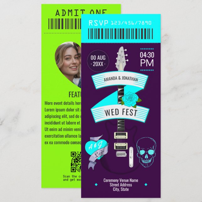Invitation Billet de mariage Rock ’n’ Roll Cyber Cool (Devant / Derrière)