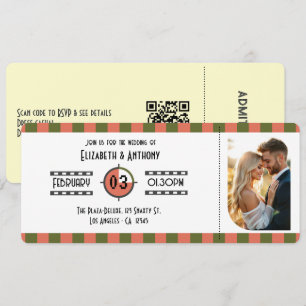 Invitation Billet de mariage vert olive, terre cuite et crème