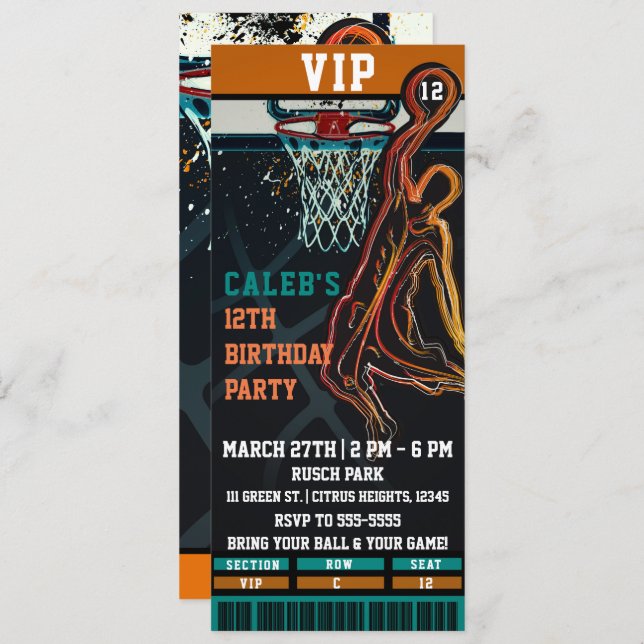 Invitation Billet de match de basketball VIP pour fête d'anni (Devant / Derrière)