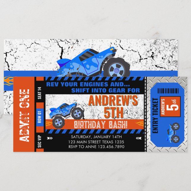 Invitation Billet de Monster Truck pour Anniversaire (Devant / Derrière)