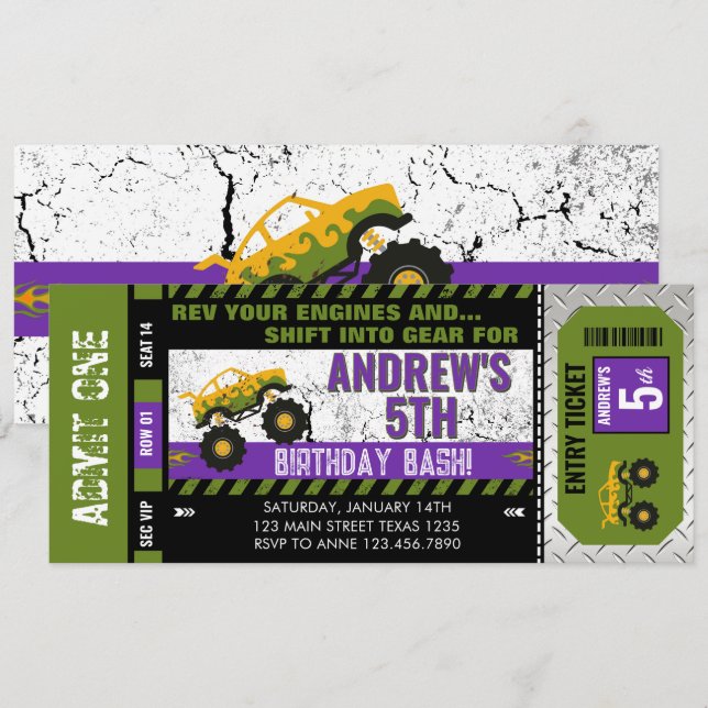 Invitation Billet de Monster Truck pour Anniversaire (Devant / Derrière)