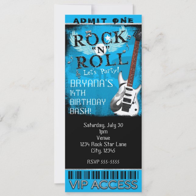 Invitation Billet de Naissance VIP Blue Glam Rock N Roll Star (Devant)