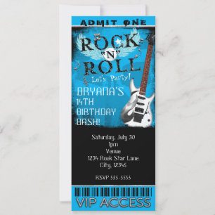 Invitation Billet de Naissance VIP Blue Glam Rock N Roll Star