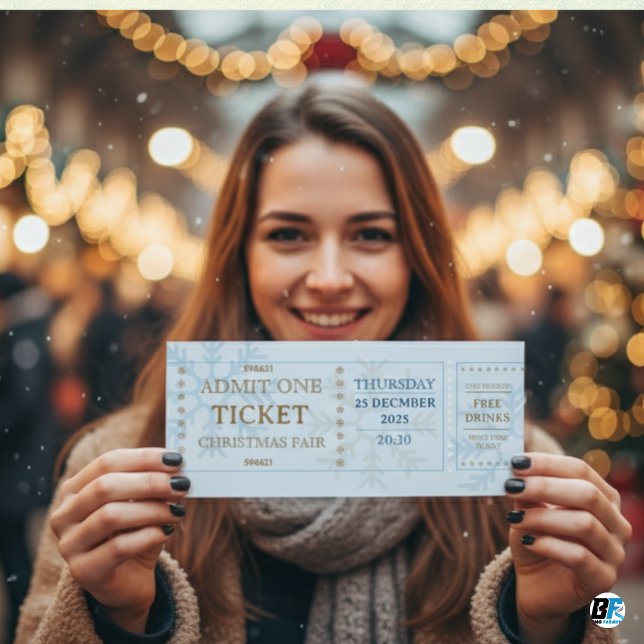 Invitation Billet de Noël simple bleu et or (ENTRY PASS TICKET)