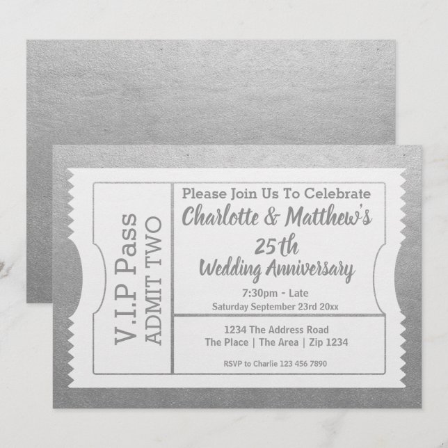 Invitation Billet de passe VIP 25e anniversaire Faux Argent (Devant / Derrière)