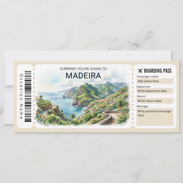 Invitation Billet de passeport de voyage à Madère (Devant)