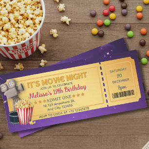 Invitation Billet de soirée cinéma Or Violet Fête d'anniversa