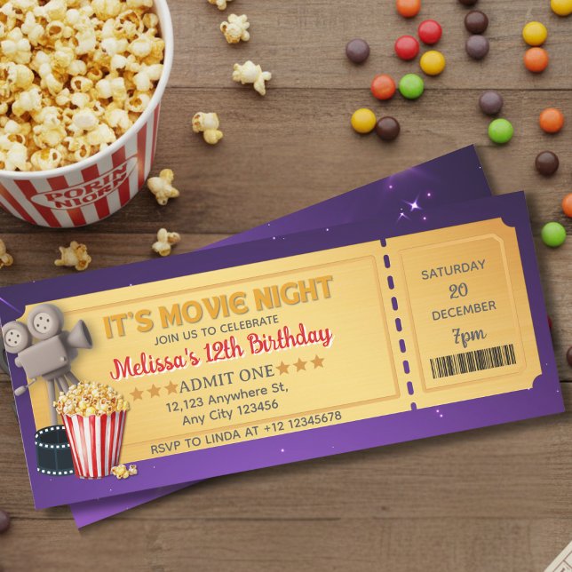 Invitation Billet de soirée cinéma Or Violet Fête d'anniversa (Créateur téléchargé)