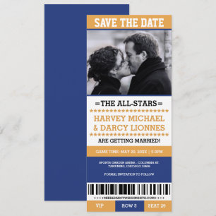 Invitation Billet de sport jaune et bleu, enregistrez la date