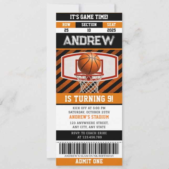 Invitation Billet de sport pour l'anniversaire de basketball  (Devant)