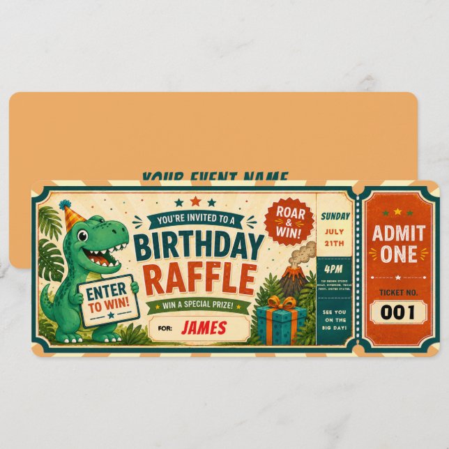 Invitation Billet de tombola d'anniversaire de dinosaure (Devant / Derrière)
