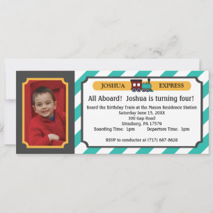 Invitation Billet de train photo - Turquoises bandes