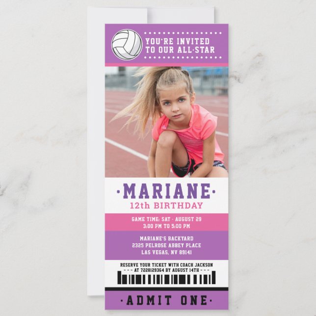 Invitation Billet de Volley-ball rose violet Anniversaire Pho (Devant)