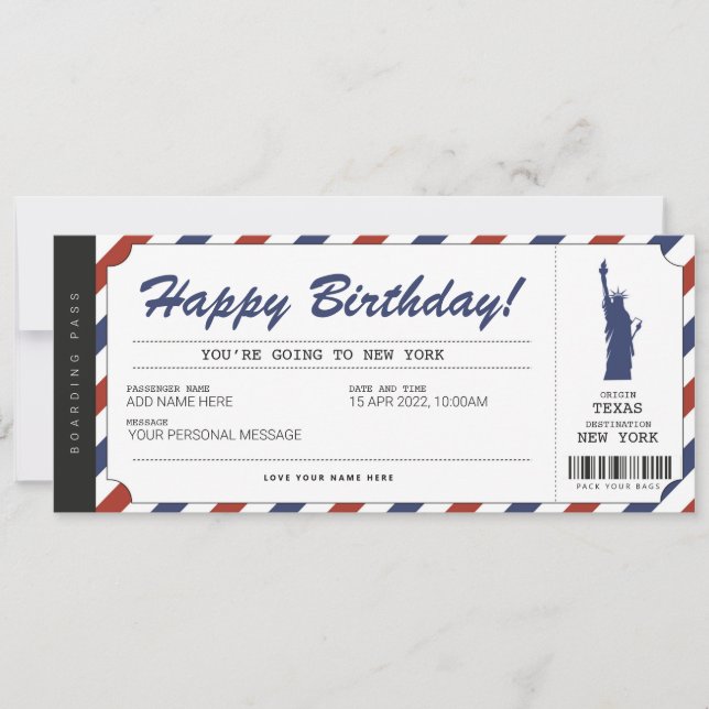 Invitation Billet de voyage de surprise New York Boarding Pas (Devant)