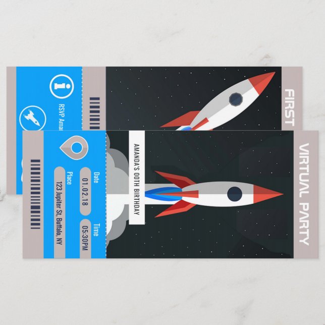 Invitation Billet de voyage pour une fête d'anniversaire virt (Devant / Derrière)
