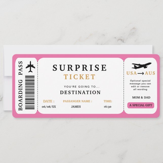 Invitation Billet de voyage surprise Billet d'avion Passage d (Devant)