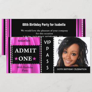 Invitation Billet d'entrée Anniversaire Photo Pink Black