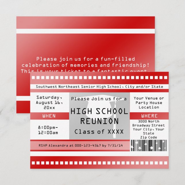 Invitation Billet d'entrée de la classe Red High School (Devant / Derrière)