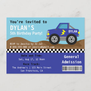 Invitation Billet d'entrée, Fête du Monster Truck Racing Blue