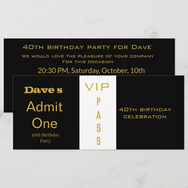 Invitation Billet d'entrée N'importe quel âge Anniversaire No (Devant / Derrière)