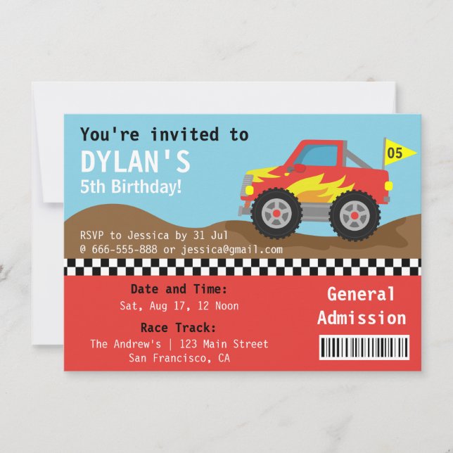 Invitation Billet d'entrée pour garçons, Fête de Monster Truc (Devant)