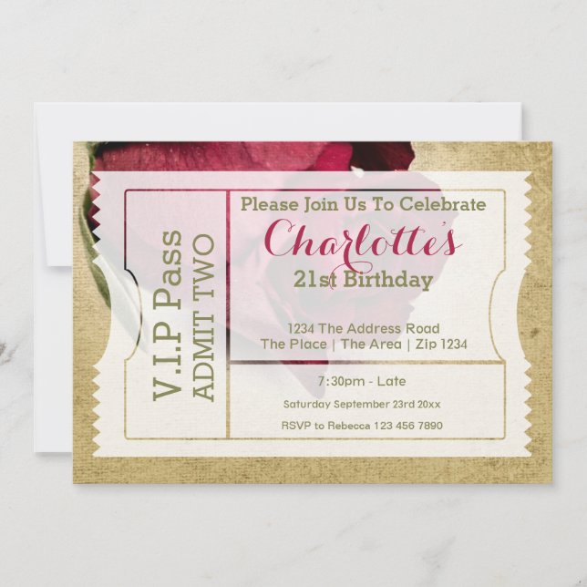 Invitation Billet d'entrée VIP Pass Party Red Rose (Devant)