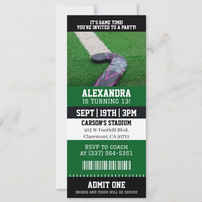 Invitation Billet d'Hockey sur Gazon pour Anniversaire (Devant)