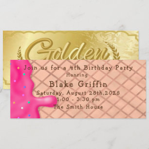 Invitation Billet d'or Crème de glace rose Anniversaire Invit