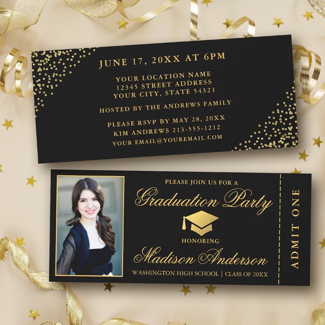 Invitation Billet d'or noir élégant Photo Graduation Party (Customize to change text size or text style.)