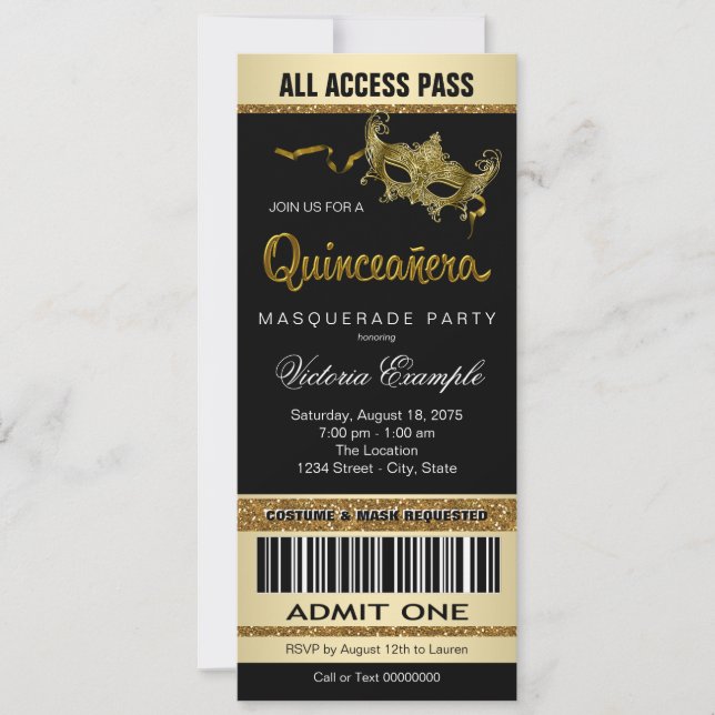 Invitation Billet d'or noir Quinceanera Masquerade Party (Devant)