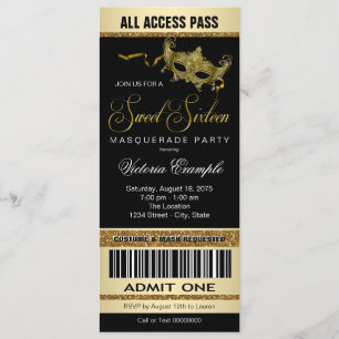 Invitation Billet d'or noir style Sweet 16 Masquerade Party