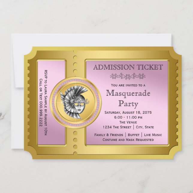 Invitation Billet Doré Fête de Mascarade Rose et Or (Devant)
