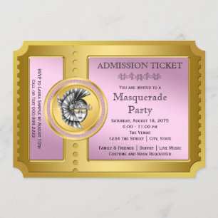 Invitation Billet Doré Fête de Mascarade Rose et Or