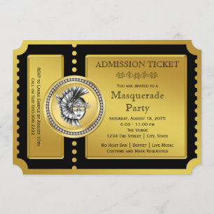 Invitation Billet Doré Soirée Masquée Noir et Or