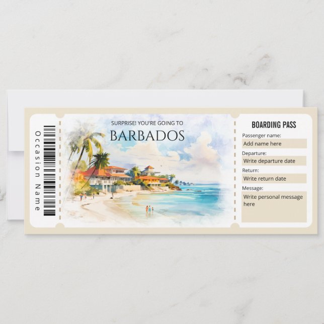 Invitation Billet Editable Barbados Plane Boarding Pass (Devant)