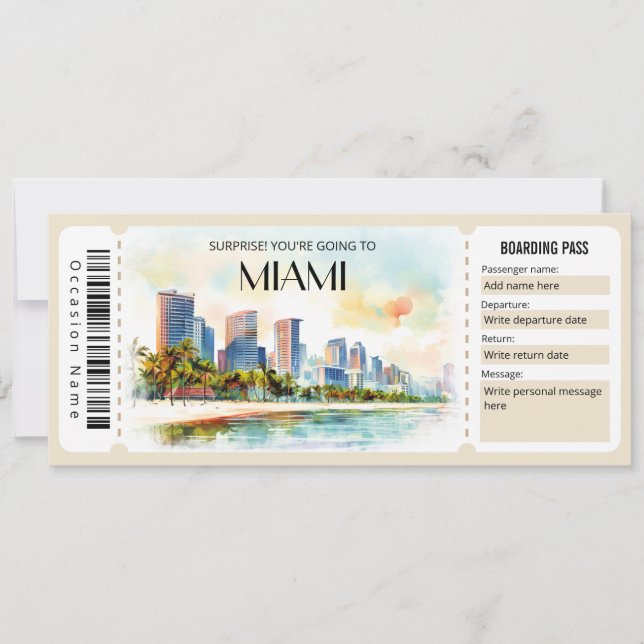 Invitation Billet Editable Miami Plane Boarding Pass (Devant)
