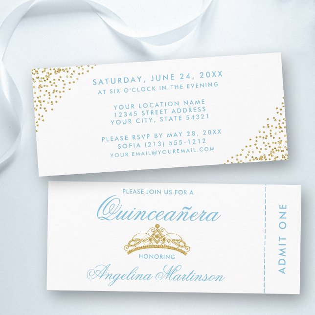 Invitation Billet élégant Quinceanera bleu et or (Customize to change text style, color or text size.)