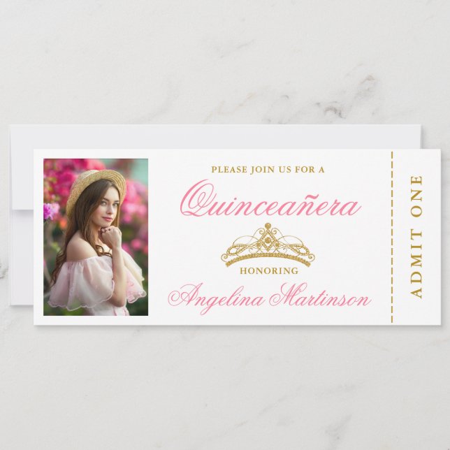 Invitation Billet élégant Quinceanera Photo rose et or (Devant)