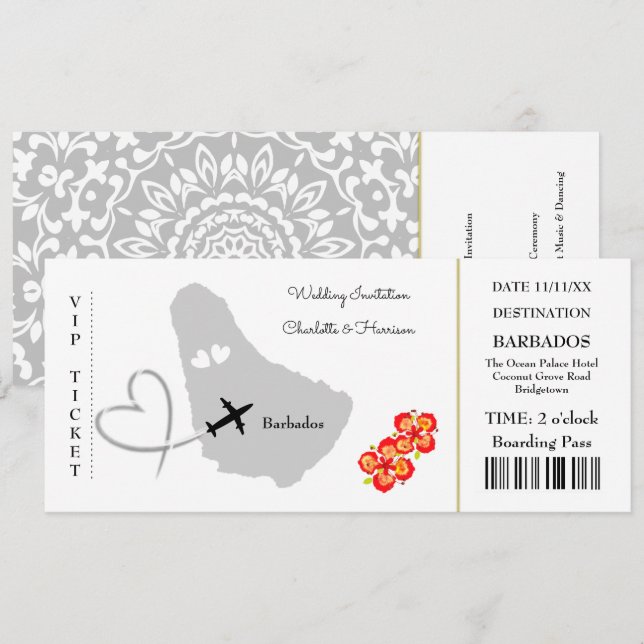 Invitation Billet Embarquement Pass Mariage Destination Barba (Devant / Derrière)