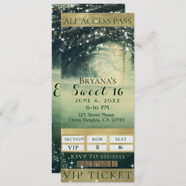 Invitation Billet Enchanted Forest Green Blue Lights Sweet 16 (Devant / Derrière)