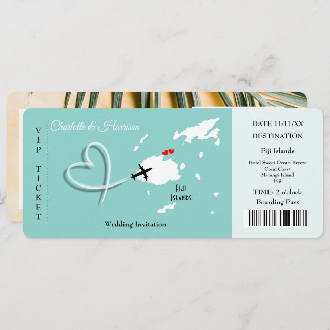Invitation Billet Fidji Mariage Destination (Devant / Derrière)