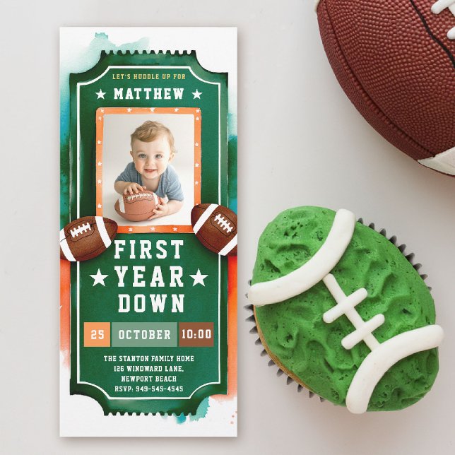 Invitation Billet Football Green Photo Boy 1er anniversaire (first year down football birthday invitation photo watercolor sports ticket boy green orange)