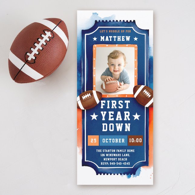 Invitation Billet Football Photo Blue Orange Boy 1er annivers (first year down football 1st birthday invitation photo watercolor sports ticket boy blue orange)