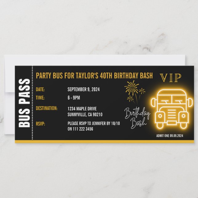 Invitation Billet Gold Party Bus Pass VIP Jalon Anniversaire (Devant)