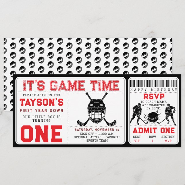 Invitation Billet Hockey première année en bas 1er anniversai (Devant / Derrière)