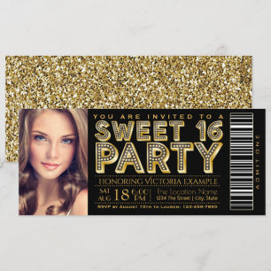 Invitation Billet Hollywood Glam Sweet 16 Noir et Or