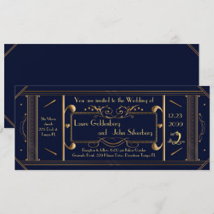 Invitation billet mariage art déco, marine, arrière marine